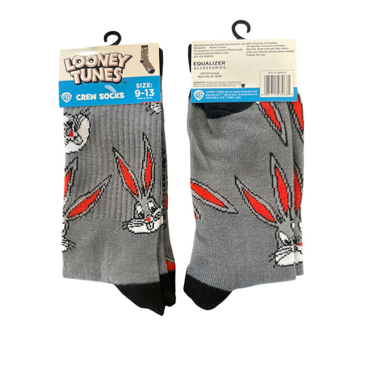 Looney Tunes BUGS BUNNY Men's Size 9-13 Crew Socks Gray Black White Red Design