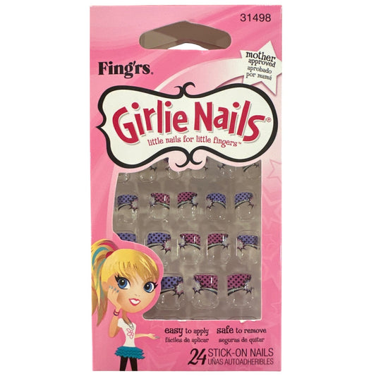 Little Fingr's GIRLIE NAILS #31498 24 Stick-On Nails POLKA Dots Pink+Purple