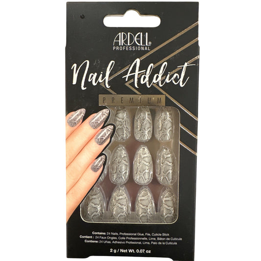 Ardell Nail Addict 24 Nails PREMIUM Medium Almond Glossy Silver+Gray SNAKE SKIN