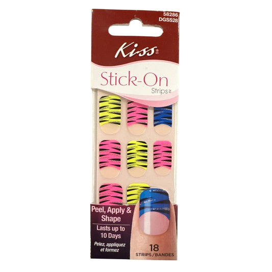 Kiss Stick-On 18 Nail Strips French Tips Neon Pink+Yellow+Blue Tiger Design