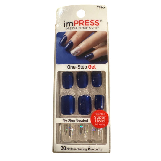 Impress 30 Nails 6 Accents BOSS LADY Short Square Glossy Royal Blue+Clear+Silver