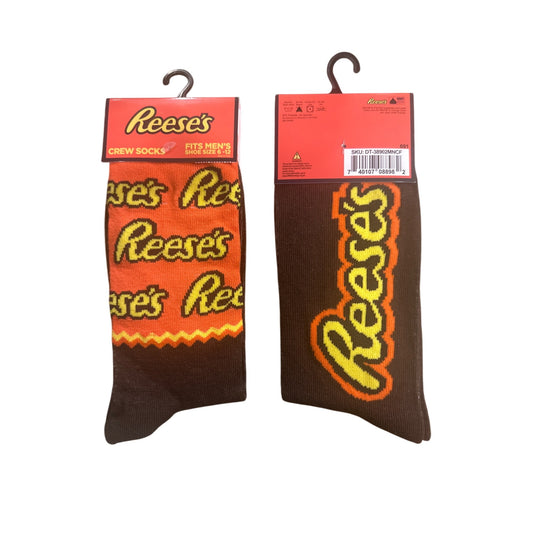 1 x Reese's Chocolate Candy Mens 6-12 Crew Socks Brown & Orange Logo Design