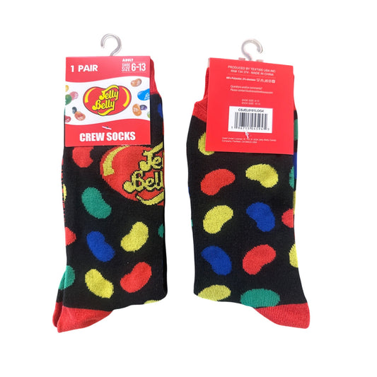 JELLY BELLY Men's Size 6-13 Crew Socks Black Red Yellow Green Blue Candy Design