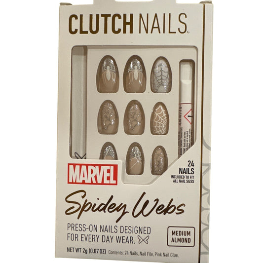 Clutch Nails 24 Nail Marvel Medium Almond Glitter Beige+White+Silver Spidey Webs