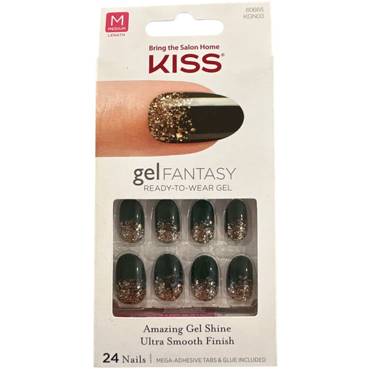 Kiss GEL FANTASY 24 Nails Medium Oval Glossy + Glitter Green + Gold Ultra Smooth