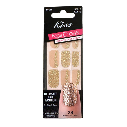 Kiss Nail Dress Tips & Toes 28  Jeweled Strips/Nail Gold+Nude Droplets Design