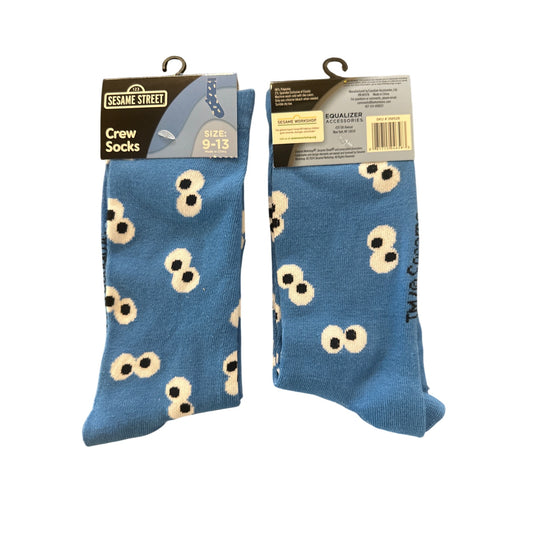 Sesame Street COOKIE MONSTER Mens Size 9-13 Crew Socks Blue White Black Eyeballs