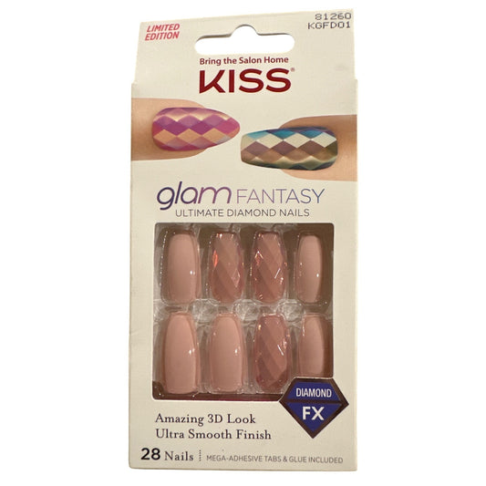 Kiss Glam Fantasy 28 Nails Long Coffin Glossy Peach Diamond FX Amazing 3D Look