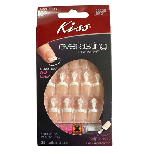 Kiss EVERLASTING 28 Nails Short Square French Tip Natural+White No Chip 14 Sizes