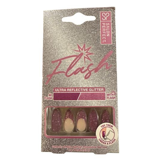 Salon Perfect 30 Nails Flash Medium Almond French Raspberry Reflective Glitters