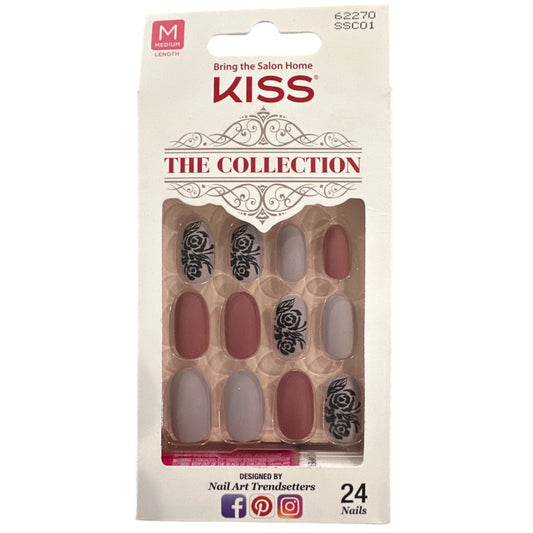 Kiss THE COLLECTION 24 Nails Medium Length Oval Matte Gray+Mauve+Black Floral