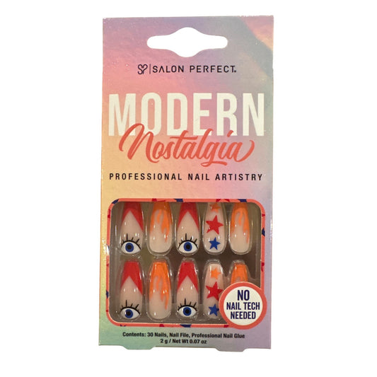 Salon Perfect 30 Nail Long Coffin Glossy+French Orange+Red Star & Eye Art Design