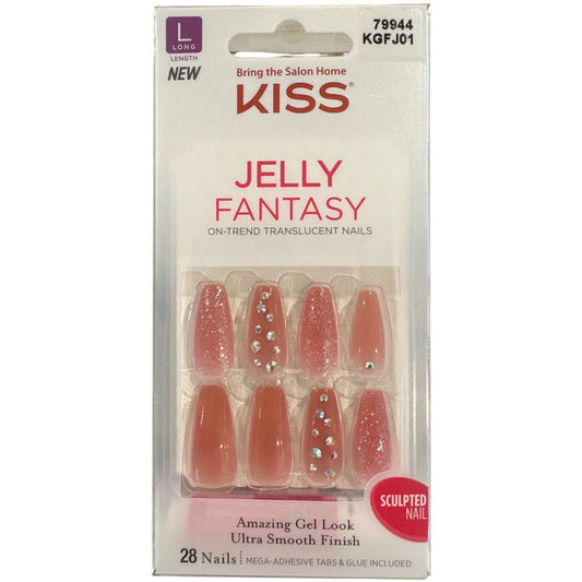 Kiss JELLY FANTASY Long Length Ballerina Glossy + Glitter Jewels Peach Gel Look