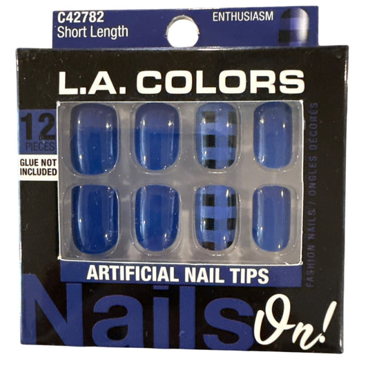 L.A. Colors NAILS ON! 12 Nails ENTHUSIASM Short Square Glossy Blue+Black Plaid