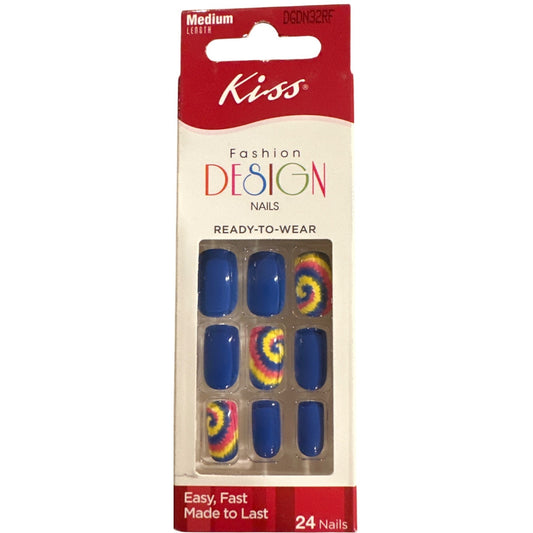 Kiss FASHION DESIGN 24 Nail Medium Length Squoval Tie-Dye Shiny Blue+Yellow+Pink