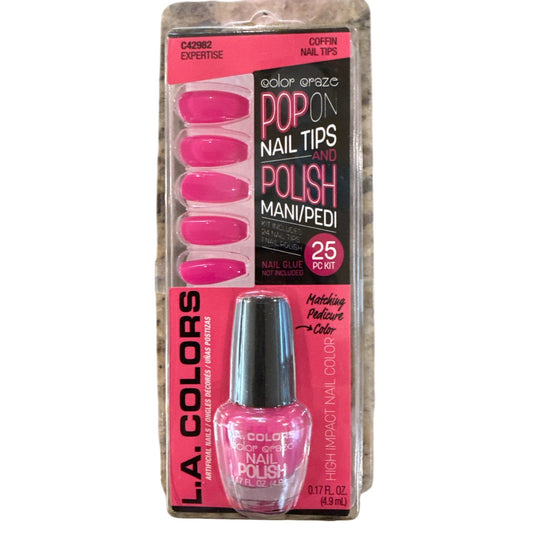 L.A. Colors EXPERTISE 25 POP ON NAIL TIPS & POLISH Long Coffin Glossy Pink