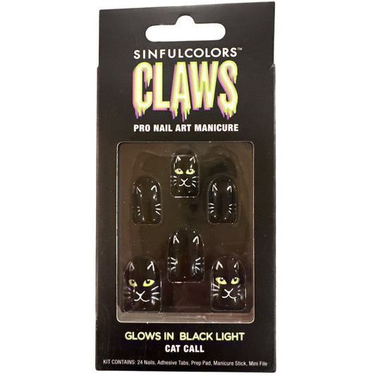 Sinfulcolors 24 Nails CAT CALL Short Square Glossy Glow-In-Black-Light Halloween