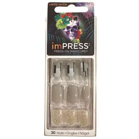 Kiss IMPRESS 30 Nail LIVE WITHOUT ME Short Square Glitter+Glossy Taupe Halloween