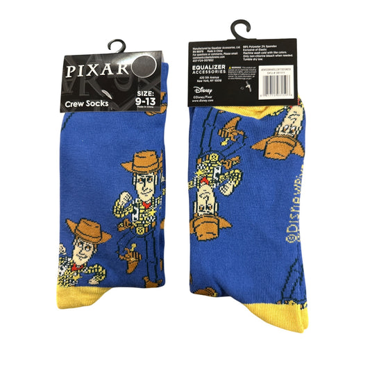Pixar WOODY Men's Size 9-13 Crew Socks Blue Yellow Brown White Comic Inspired