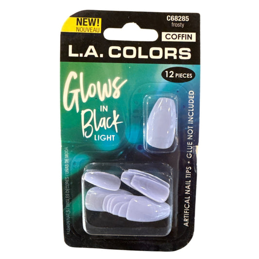L.A. Colors GLOWS IN BLACK LIGHT 12 Nails FROSTY Long Coffin Glossy Lavender
