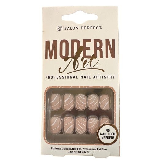 Salon Perfect 30 Nails Modern Art Short Square Matte Tan+White Wave Line Design