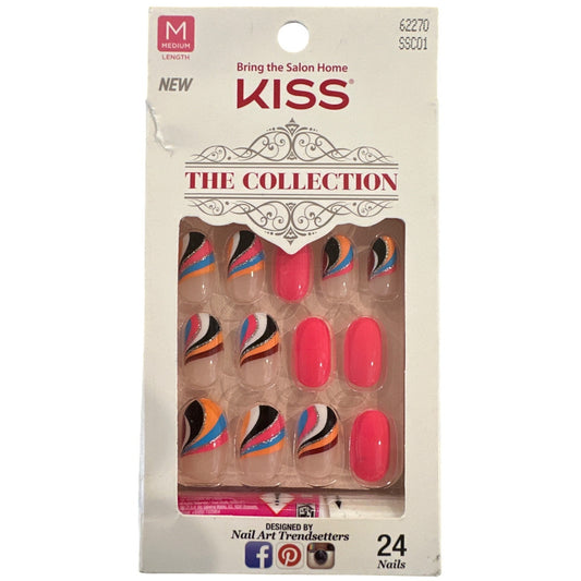 Kiss THE COLLECTION 24 Nails Medium Oval Glossy Swirls Pink+White+Blue+Orange