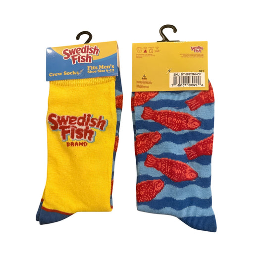 SWEDISH FISH MEN'S Size 6-12 Crew Socks Yellow Blue Red Novelty Comfort Cotton