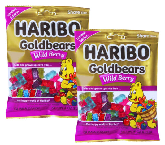 2 x 4 oz Haribo Goldbears Wild Berry Gummy Candy, Berries Gummi Treat for Snacks Candy Dish Bowl Party Favor Stocking Stuffer Gift Birthday Christmas Halloween + 2 Candy Gifts