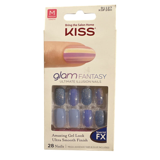 Kiss Glam Fantasy 28 Nails Medium Square Shiny+Shimmer Azure Blue+Indigo SPEC FX
