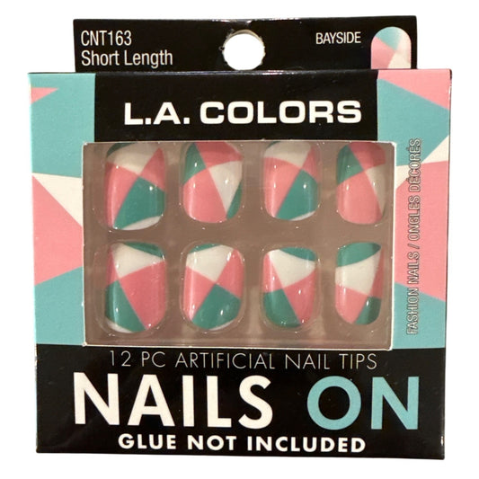 L.A. Colors NAILS ON 12 Nails BAYSIDE Short Square Glossy Pink+Teal GEOMETRIC