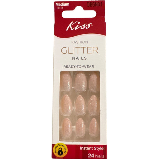 Kiss FASHION GLITTER 24 Nails Medium Length Almond Shimmer Pink Ready To Wear