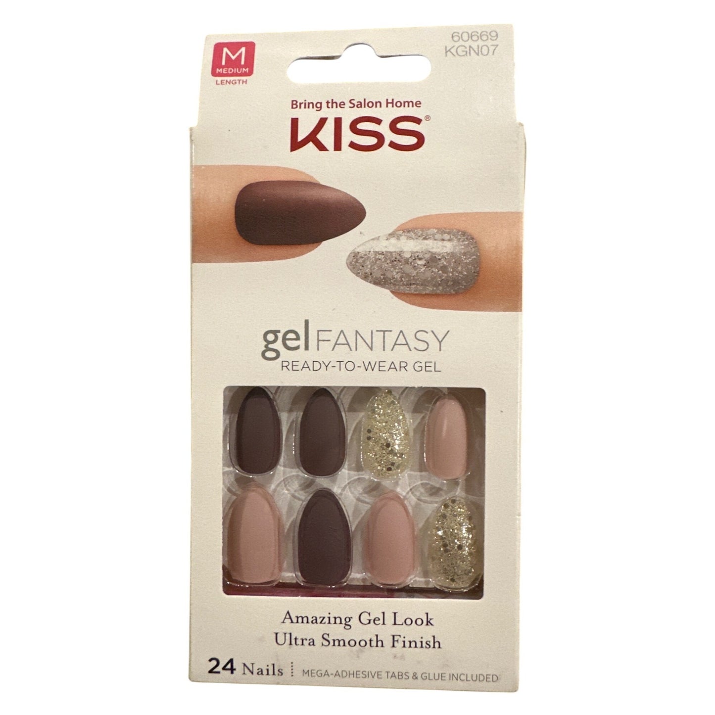 Kiss Gel Fantasy 24 Nails Medium Almond Matte+Glitter Nude+Mauve+Gold Gel Look