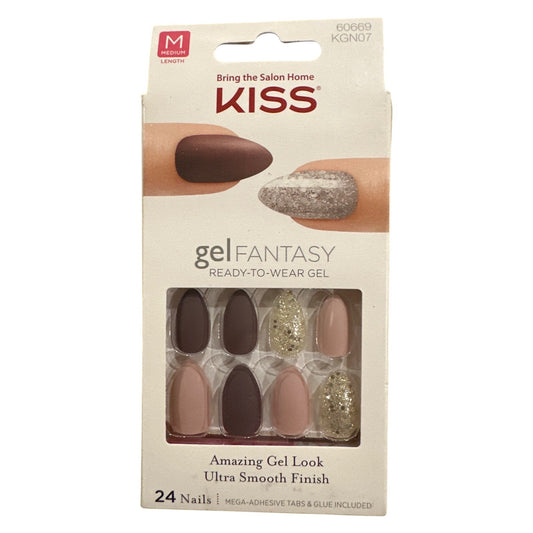 Kiss Gel Fantasy 24 Nails Medium Almond Matte+Glitter Nude+Mauve+Gold Gel Look