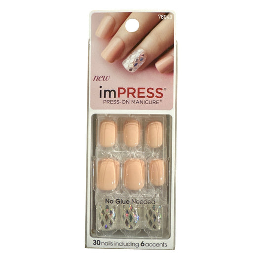 Impress Symphony 30 Nails Medium Square Glossy+Holographic Nude With 6 Accents