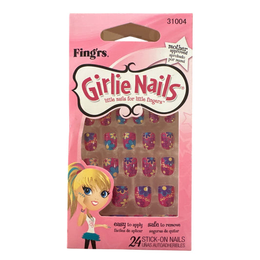 Little Fingr's GIRLIE NAILS #31004 24 Stick-on Nails FLOWERS Pink+Lavend Dam.Box
