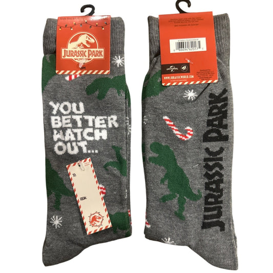 OSFM Jurassic Park Grey Holiday Socks Dinosaur Design+Text YOU BETTER HATCH OUT