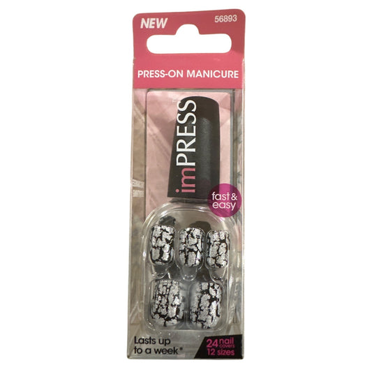 IMPRESS Kiss Press-On 24 Nails WORKING GIRL Short Square Silver+Black Crackle
