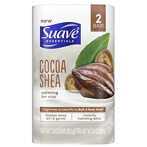Suave Cocoa Shea Bar Soap 2 Pack 6.7 oz Calming Hydrating Lather Removes Dirt