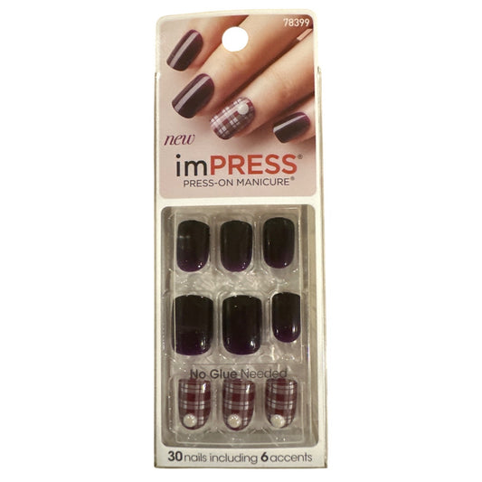 Impress Press 30 Nail Shocking Short Square Glossy Purple+Maroon Plaid + Pearls