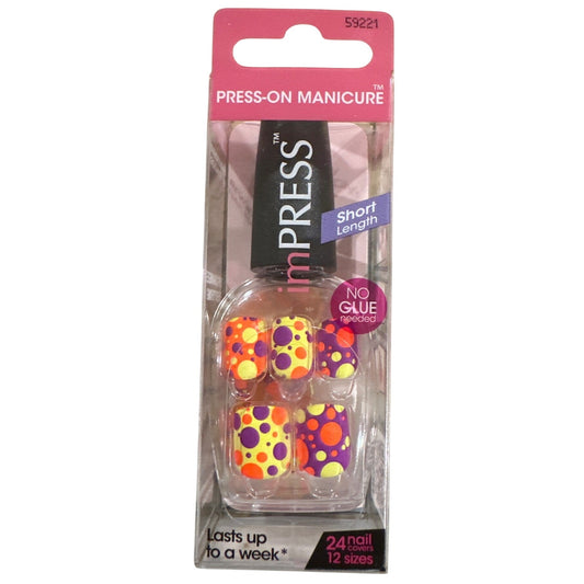 IMPRESS KISS Press-On 24 Nail HAPPY IN LOVE Short Square Matte Polka Dots Neon