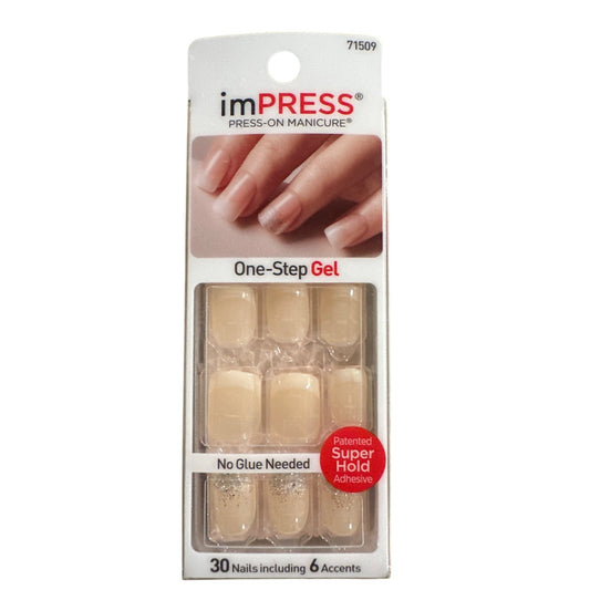 ImPRESS ON FIRE 30 Nails Short Square French Tip Natural Silver Glitter Accents