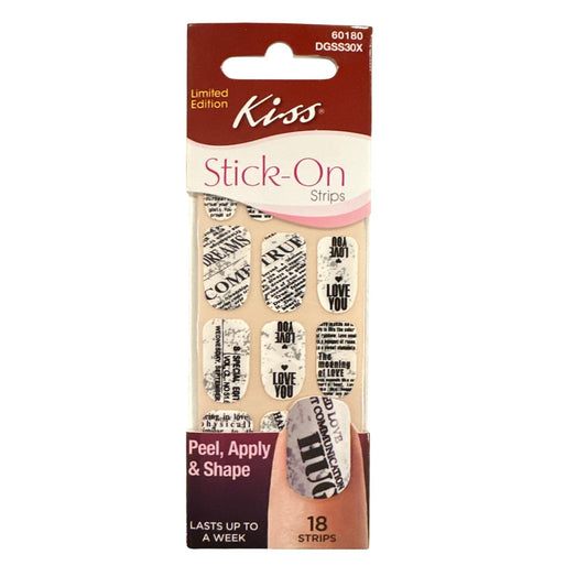 Kiss Stick-ON Peel, Apply and Shape 18 Nail Stickers White+Black Text/Words