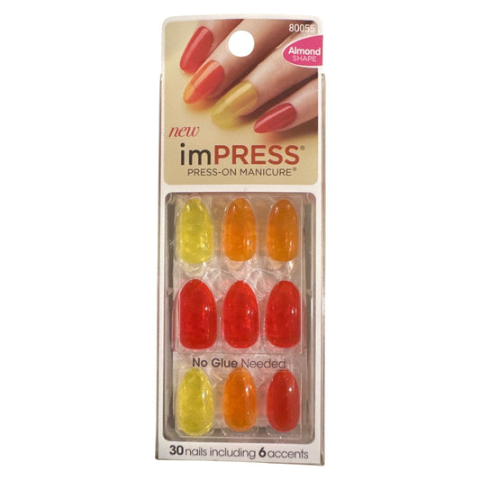 KISS ImPRESS 30 Nail TEN LOOKS Medium Almond Vibrant Translucent Red Orange Yellow
