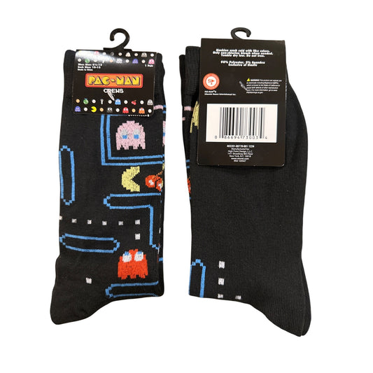 PAC‑MAN Men's Size 6‑12 Crew Socks Black Red Blue Yellow Nostalgic Retro Design