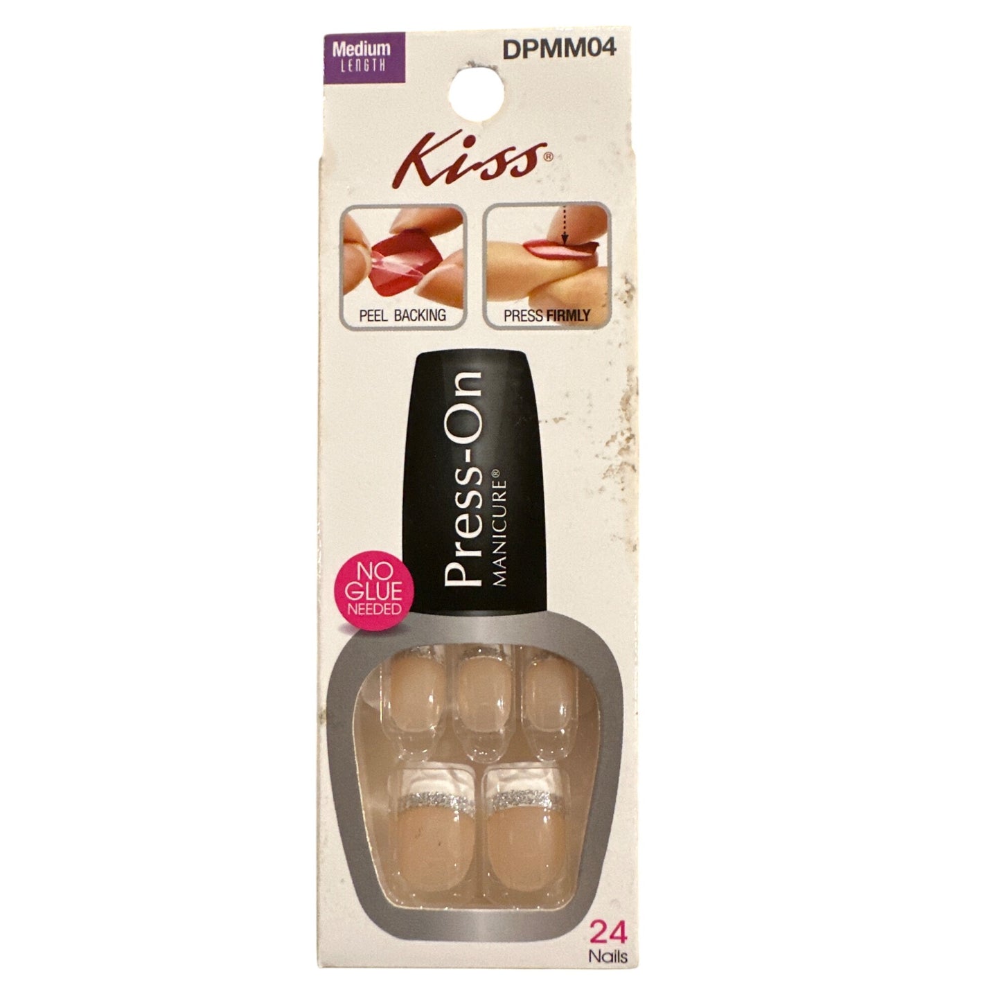 Kiss Press-On 24 Nails NOTORIOUS Medium Squoval Glossy French White Tips +Silver