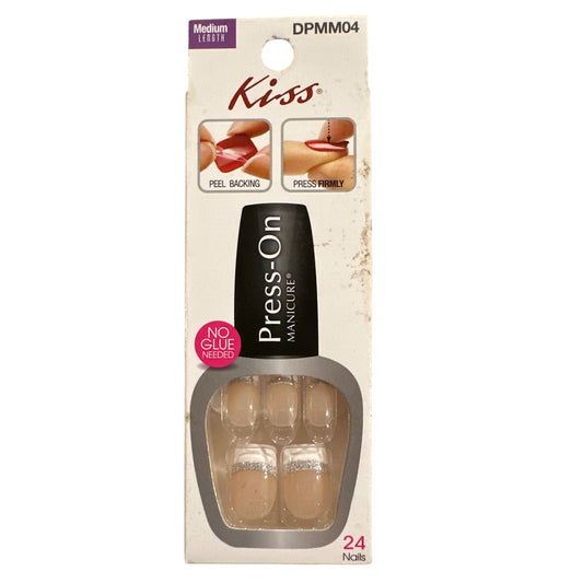 Kiss Press-On 24 Nails NOTORIOUS Medium Squoval Glossy French White Tips +Silver
