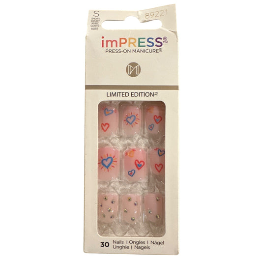Impress LOVE ABOVE ALL 30 Nail Short Square Glossy Pink Heart Rhinestone Design