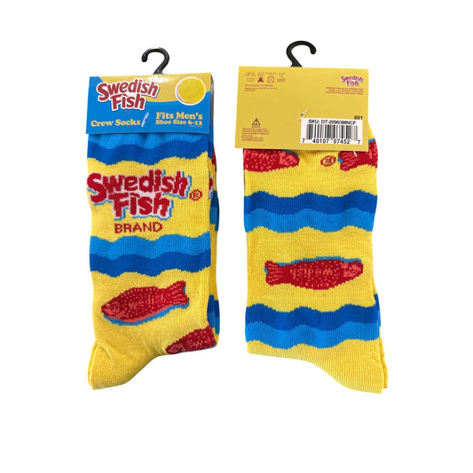 SWEDISH FISH Men's Size 6-12 Crew Socks Yellow Red Blue Fun Wave Pattern Design