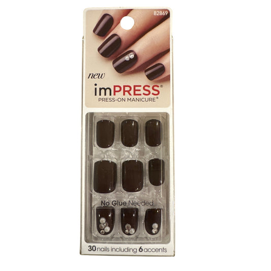 Impress Press-On 30 Nails Short Squoval Glossy Black 6 Accents Jewel Design