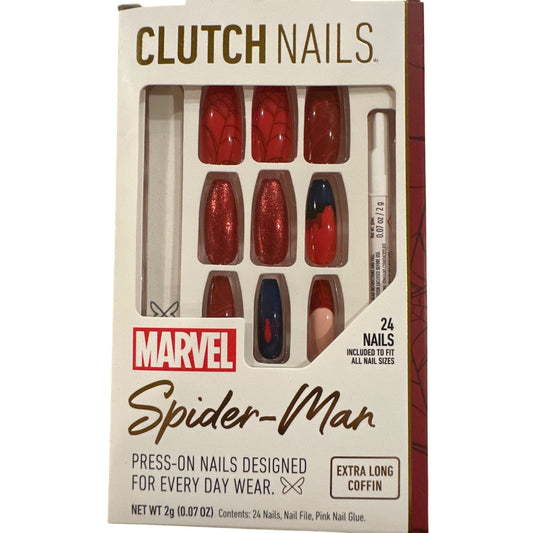 Clutch Nails 24 Nails Marvel Long Coffin Glossy+Shimmer Red+Blue Spider-Man